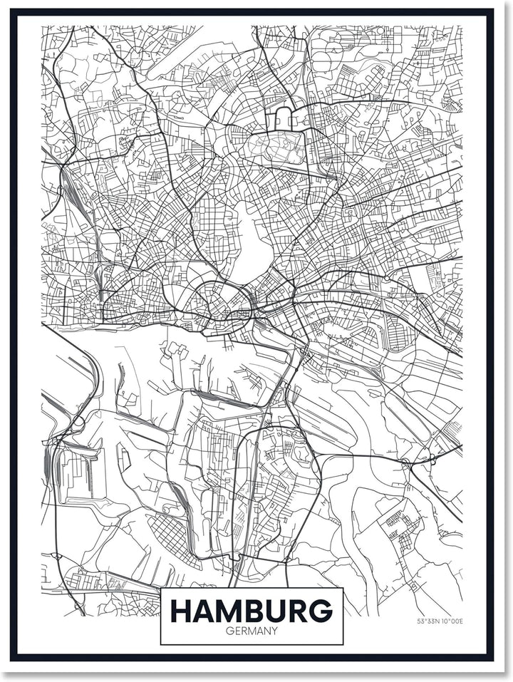 wandmotiv24 Stadt Karte als Leinwandbild, 80x60cm, Hochformat, Hamburg, Deutschland, Plan, Nordsee,
