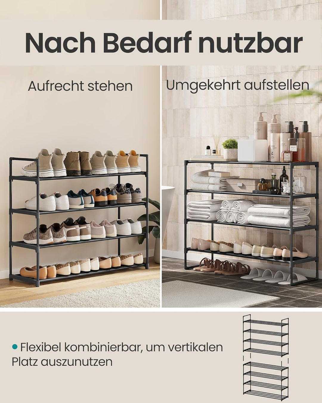 SONGMICS Schuhregal 4 Ebenen, Schuhständer Metall, Schuhaufbewahrung, Schuh-Organizer, aufrecht oder