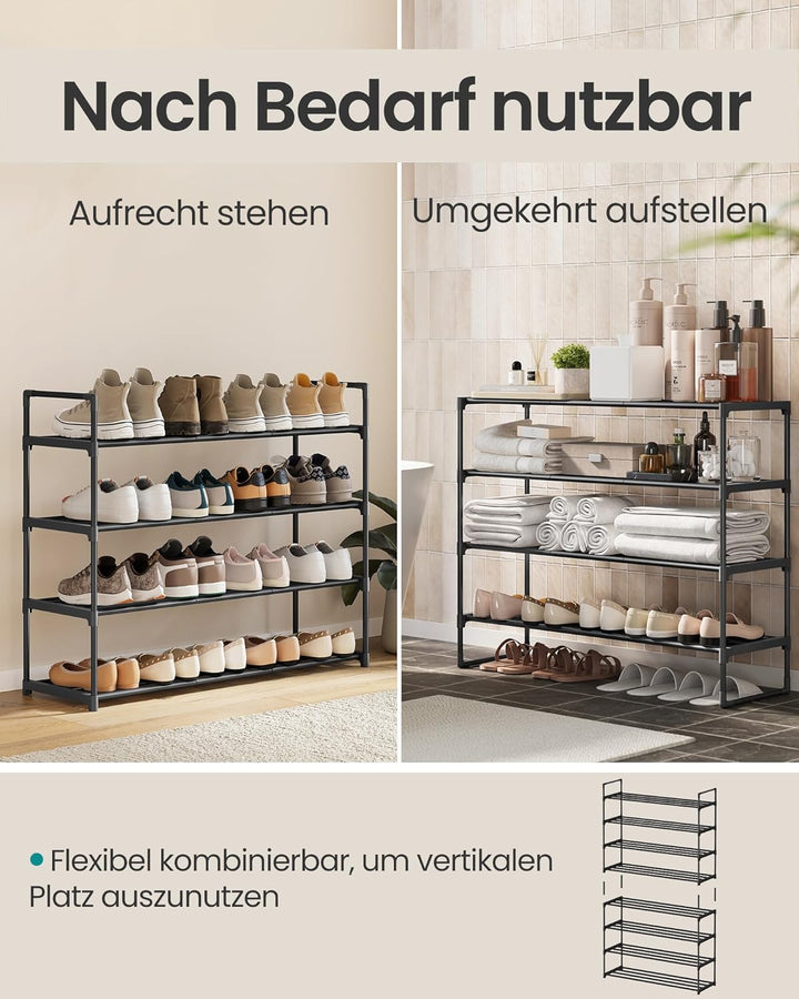 SONGMICS Schuhregal 4 Ebenen, Schuhständer Metall, Schuhaufbewahrung, Schuh-Organizer, aufrecht oder