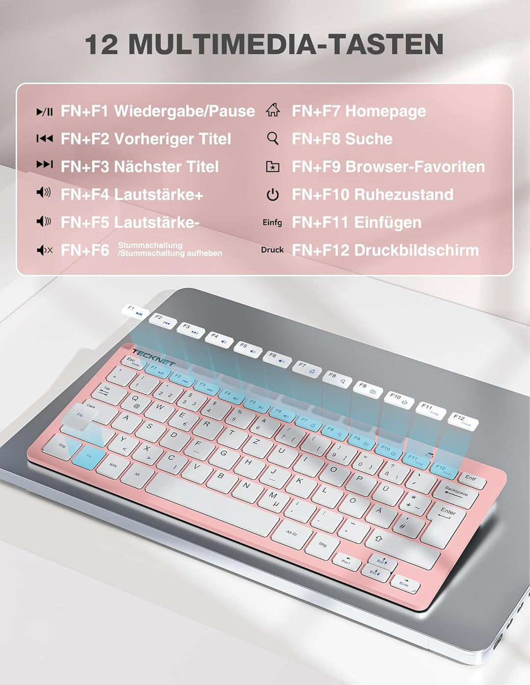 TECKNET Kabelloses Tastatur Maus Set, Deutsch QWERTZ Layout, 2.4 GHz Funk Mini Tastatur Mouse, 15m R