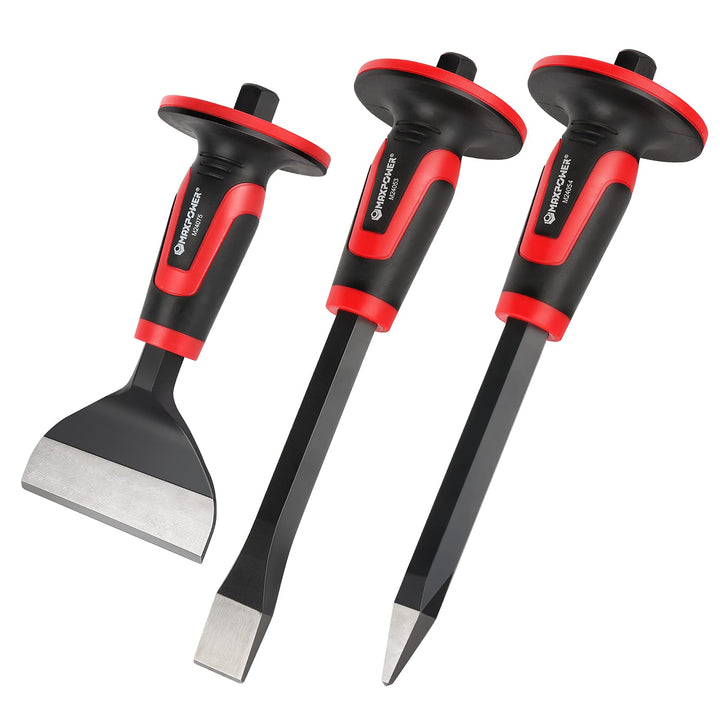 MAXPOWER Handmeissel Set 3 Stück mit Handschutz, Spitzmeissel 30cm, Präzisionsflachmeissel 30 x 3 cm