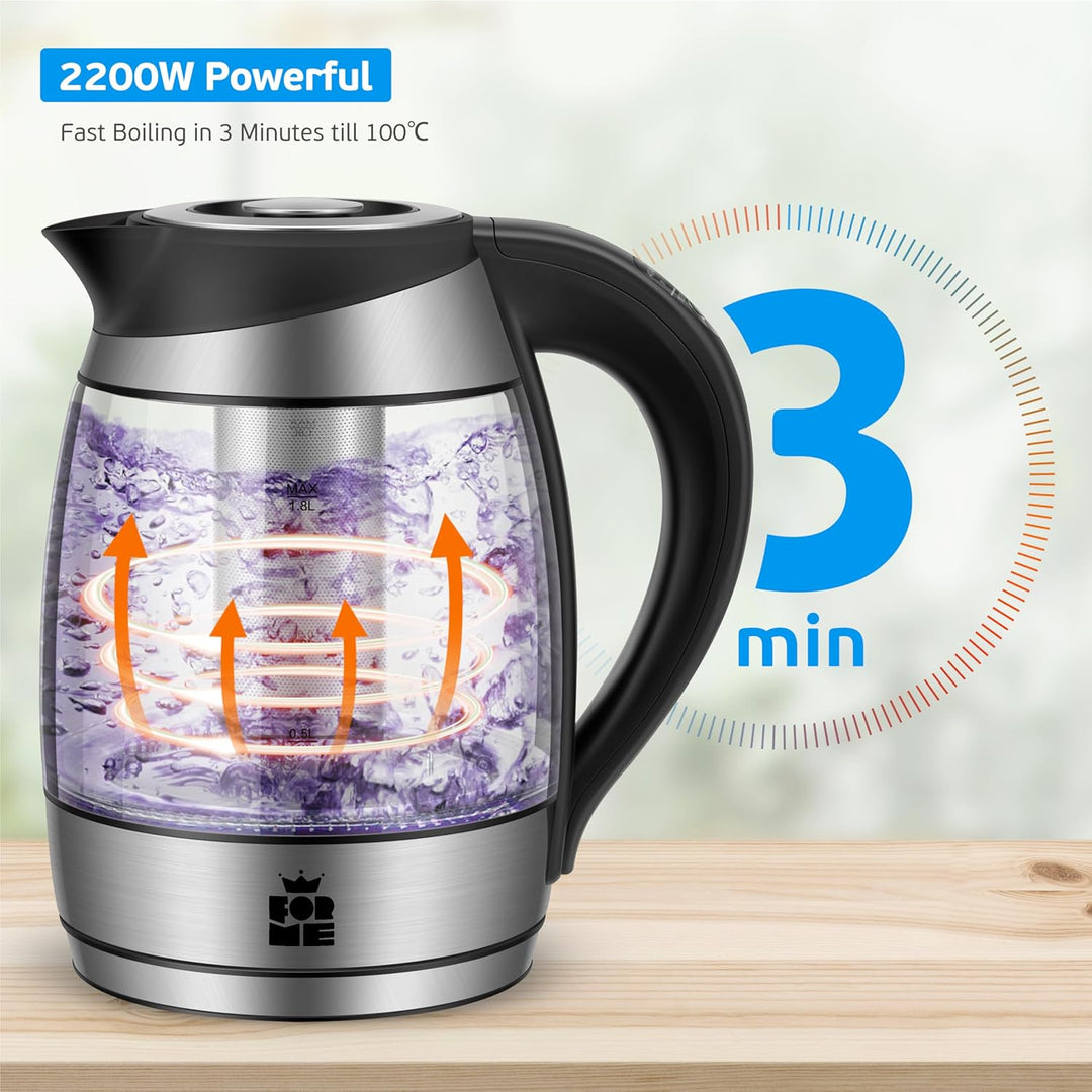 FOR ME Glas Elektrischer Wasserkocher mit Teesieb 1,8L, Temperatureinstellung, Temperaturwahl 40°C b