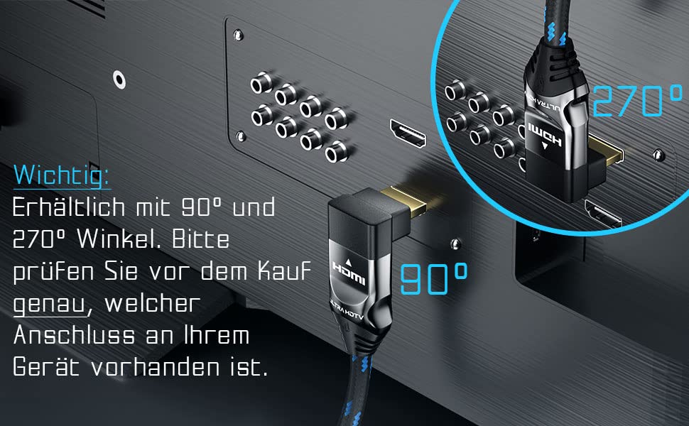 Ultra HDTV 90° 8K HDMI 2.1 Kabel - 2m, Winkel-Stecker, 48 Gbps, 8K@60Hz, 4K@120Hz - Knickschutz - Ny