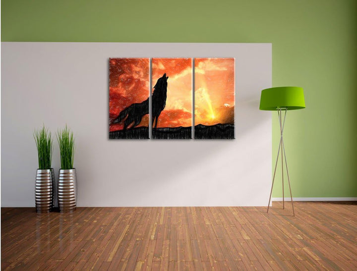 Pixxprint einsamer Wolf auf den Sonnenuntergang Heulen Kunst Buntstift Effekt 3-Teiler Leinwandbild