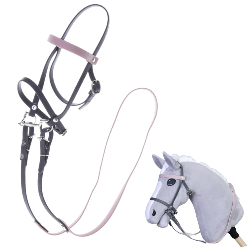 LarDen Hobby Horse Trense mit Zügeln | Komplettes Kunstlederzaumzeug Grau mit Pink Stirnriemen | Hob
