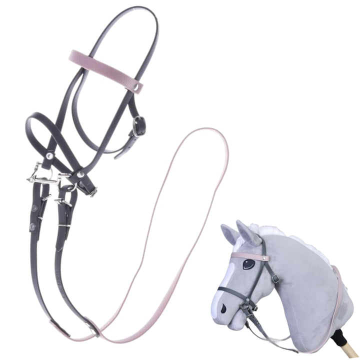 LarDen Hobby Horse Trense mit Zügeln | Komplettes Kunstlederzaumzeug Grau mit Pink Stirnriemen | Hob