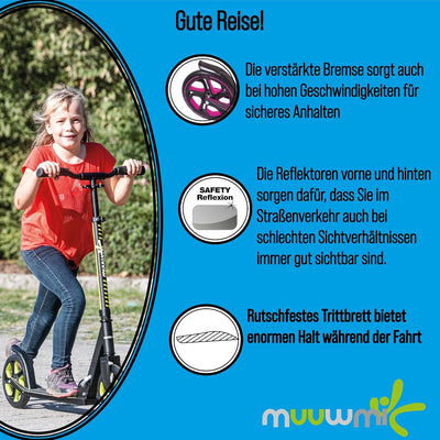 muuwmi Aluminium Scooter Pro – Tretroller, 215 mm, ABEC 7, für Kinder und Erwachsene, GS-geprüft, hö