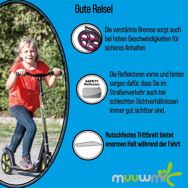 muuwmi Aluminium Scooter Pro – Tretroller, 215 mm, ABEC 7, für Kinder und Erwachsene, GS-geprüft, hö