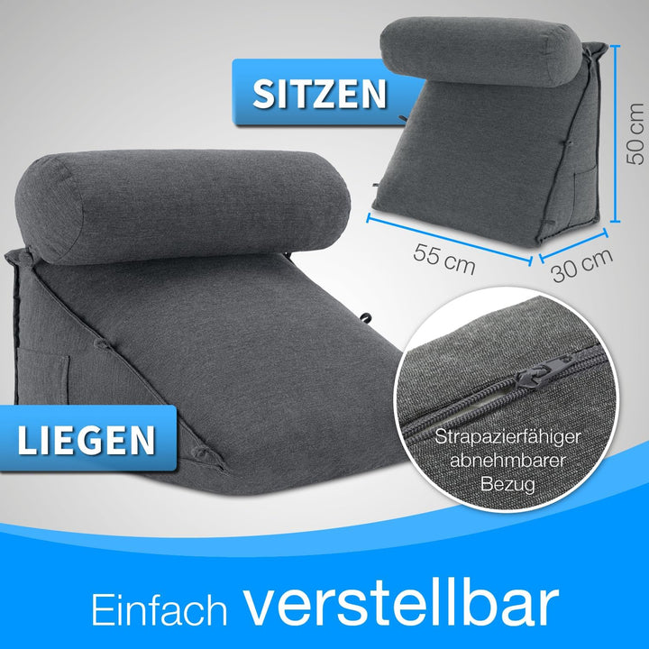 maxVitalis Rückenkissen Bett/Sofa mit Abnehmbarer Nackenrolle und Seitentasche, Rückenstützkissen mi