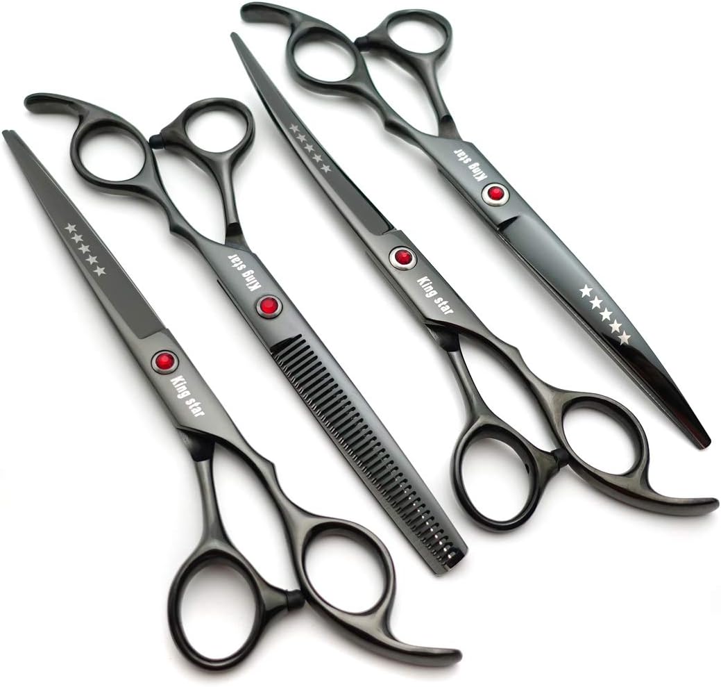 7.0in Titanium Black Professional Pet Grooming Scissors Set,Straight &amp; Thinning &amp; Curved Scissors 4p