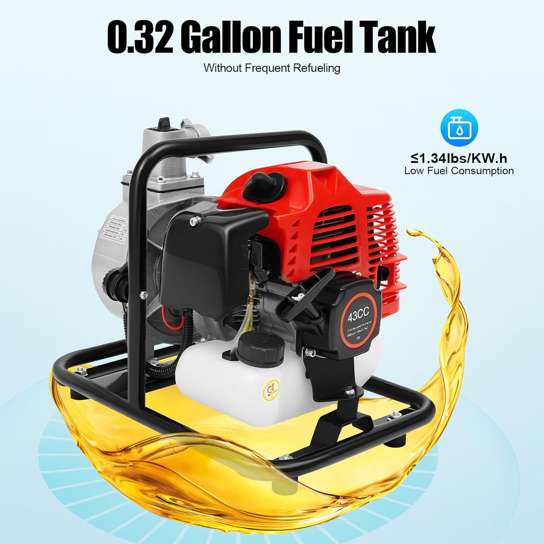 43CC Benzinmotor-Wasserpumpe 1,25KW 2-Takt Wasserförderpumpe mit stossdämpfenden und Geräuschreduzie