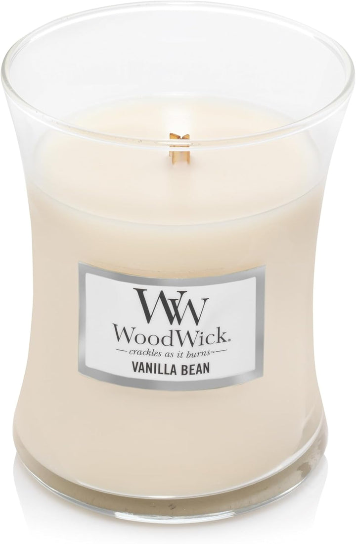 WoodWick mittelgrosse Duftkerze im Sanduhrglas mit knisterndem Docht, Vanilla Bean, Brenndauer bis z