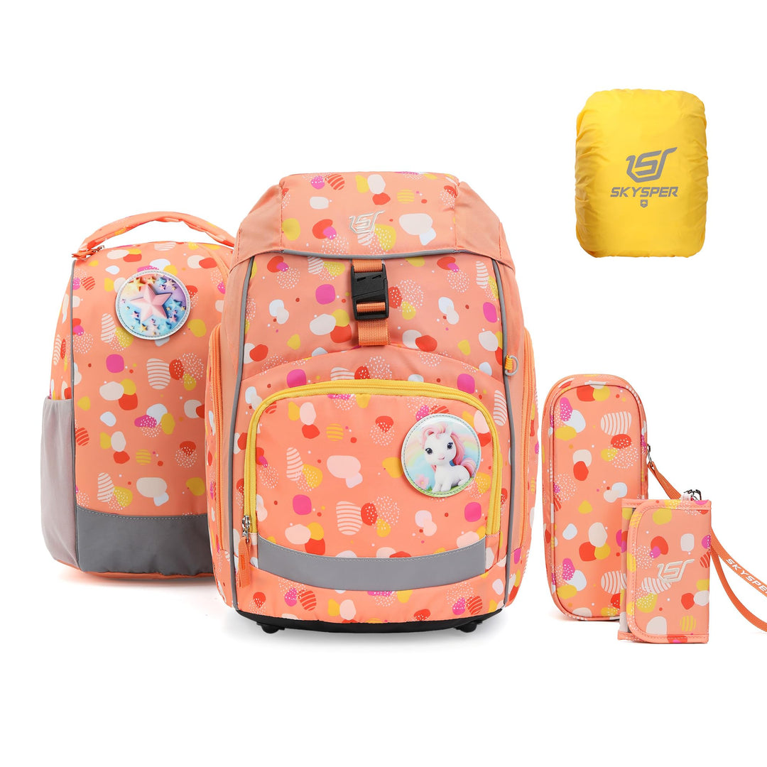SKYSPER Schulranzen-Set 5-teilig, Schulrucksack Ergonomischer Tragesystem mit Regenhülle und Reflexs