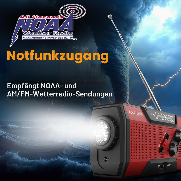 FosPower - Notfallradio NOAA/AM/FM mit 7400mWh Tragbare Powerbank - Aufladung per USB/Solar/Handkurb