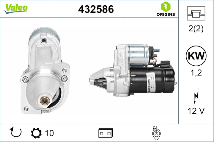 VALEO 432586 Starter Nennleistung: 1,2 kW Stop & Start: NO Zähnezahl: 9 zähne Spannung: 12 V Drehric