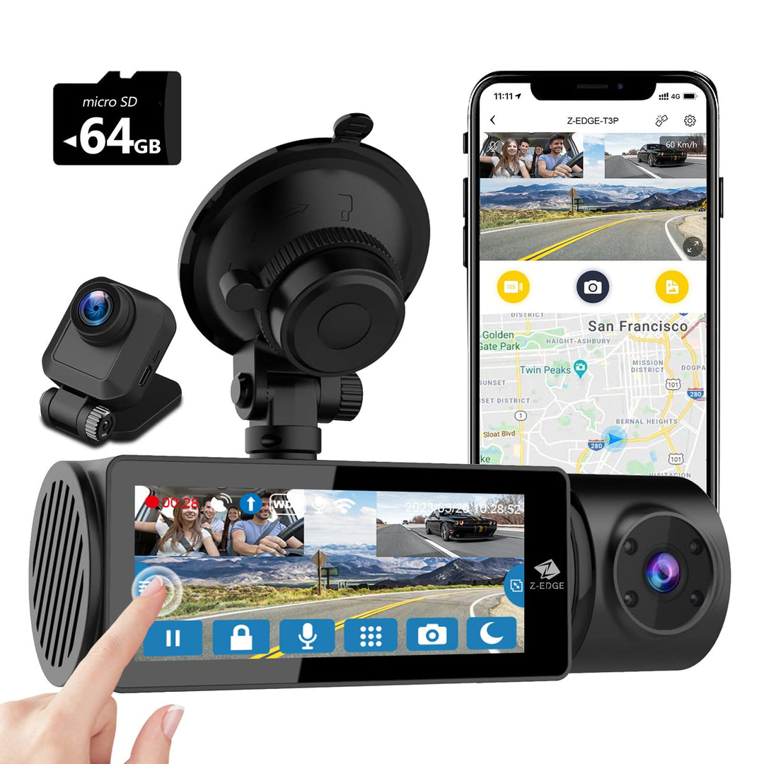 Z-Edge T3P 3 Kanal 4K Dashcam mit WiFi GPS, Vorne Innen Hinten 1600P+1080P+1080P, IPS Touchscreen, I