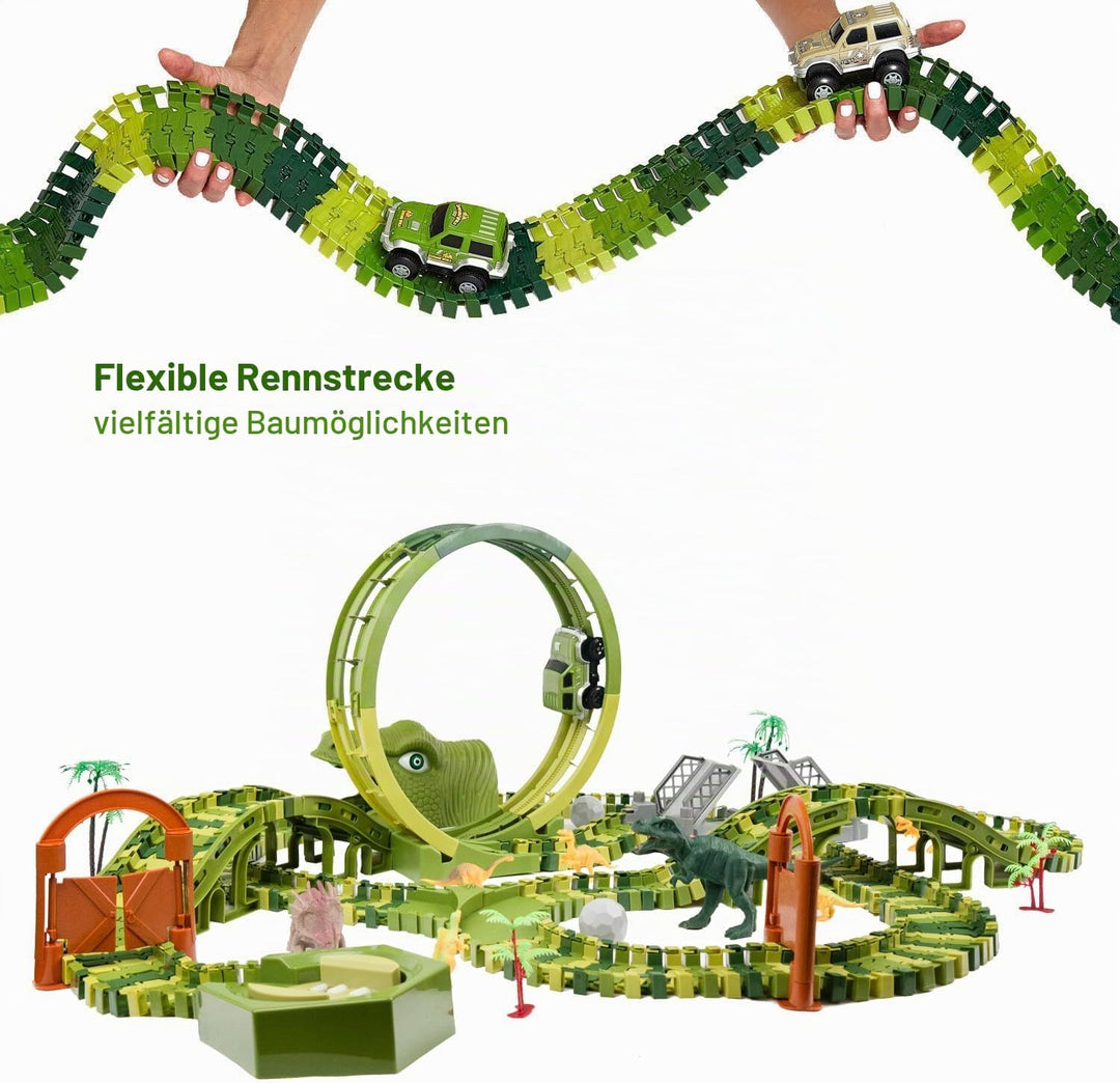 CELMAN Dinosaurier Spielzeug - Flexibles Rennbahn mit viele Teilen und Geländewagen, Autorennbahn Sp