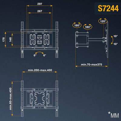 RICOO TV Wandhalterung Fernseher Schwenkbar Neigbar für 32-65 Zoll, Universal TV Halterung S7244, Fe