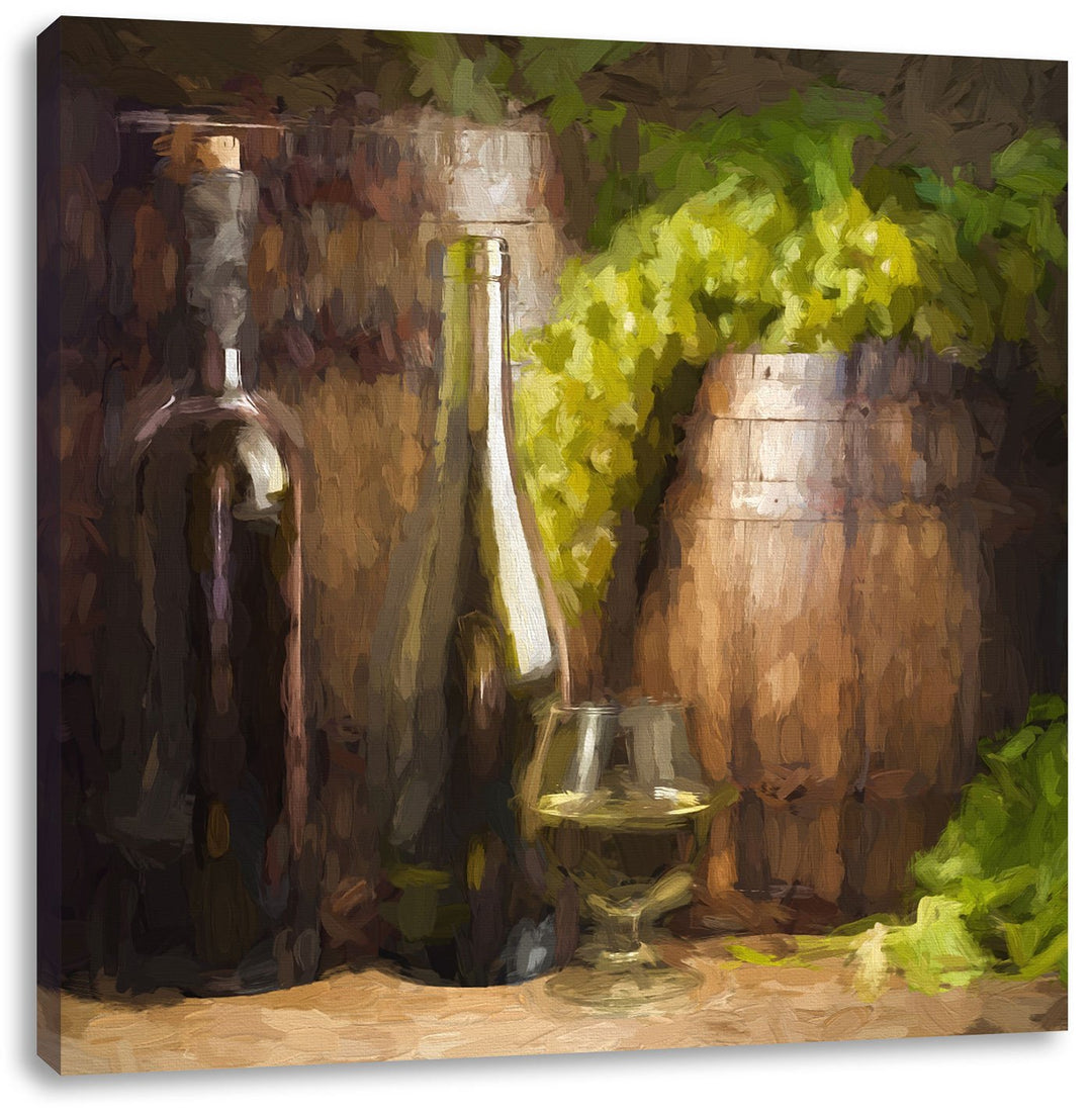 Pixxprint Fässer mit Weintrauben und Wein als Leinwandbild/Grösse: 70x70 cm/Wandbild/Kunstdruck/fert