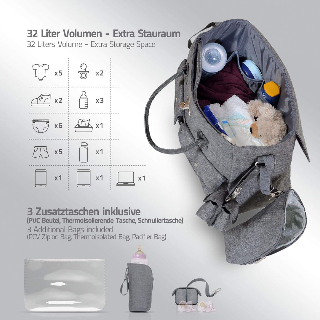 Wickeltasche 5er Set Wickelauflage Schnullerbag Kinderwagen-Haltung,Grau, Grau