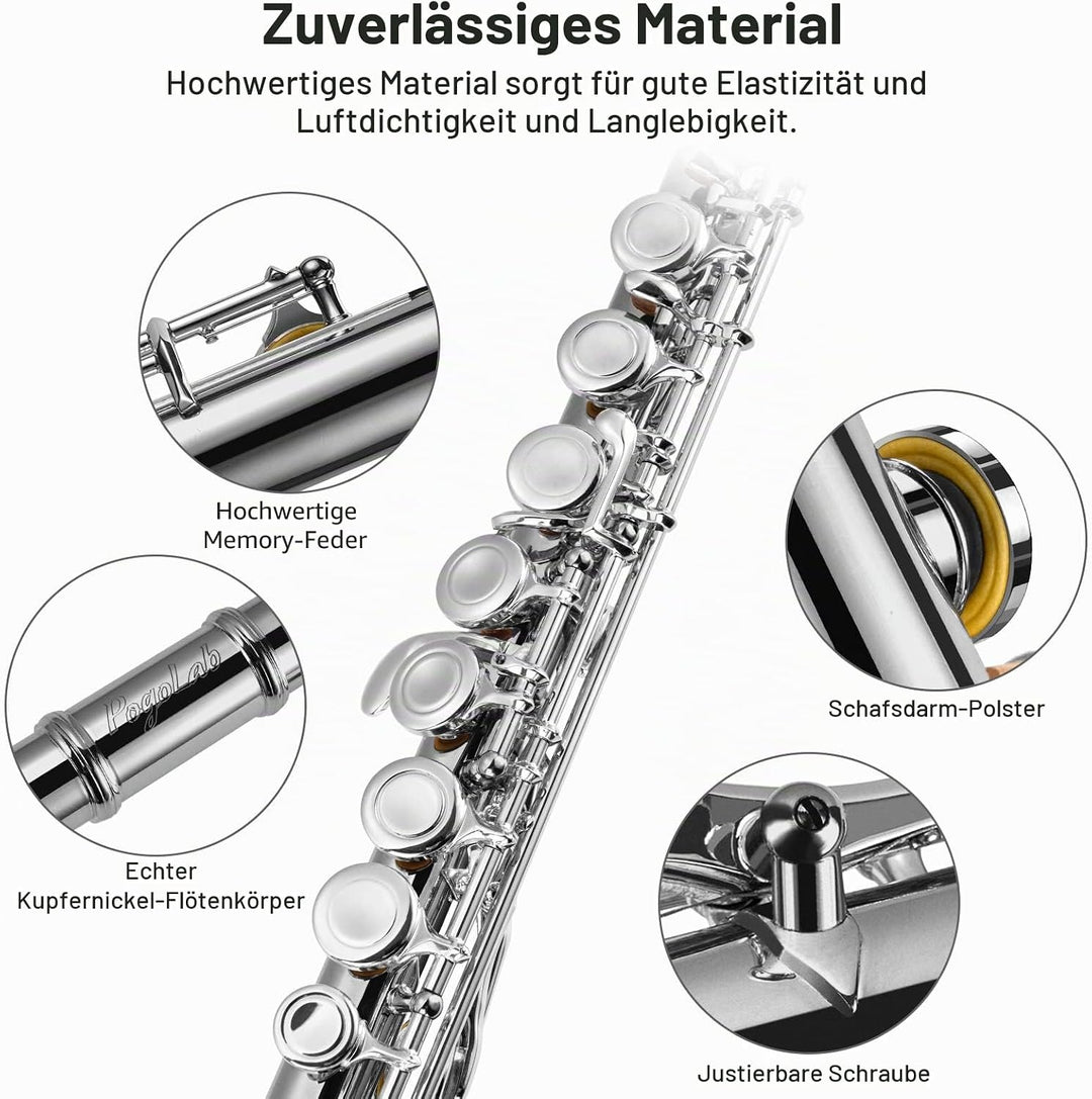 POGOLAB Flöte, C Fussstück, Geschlossenem Loch, Schülerflöte mit geteiltem E/Offset-G, Flötenetui/Fl