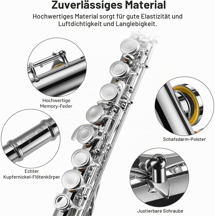 POGOLAB Flöte, C Fussstück, Geschlossenem Loch, Schülerflöte mit geteiltem E/Offset-G, Flötenetui/Fl