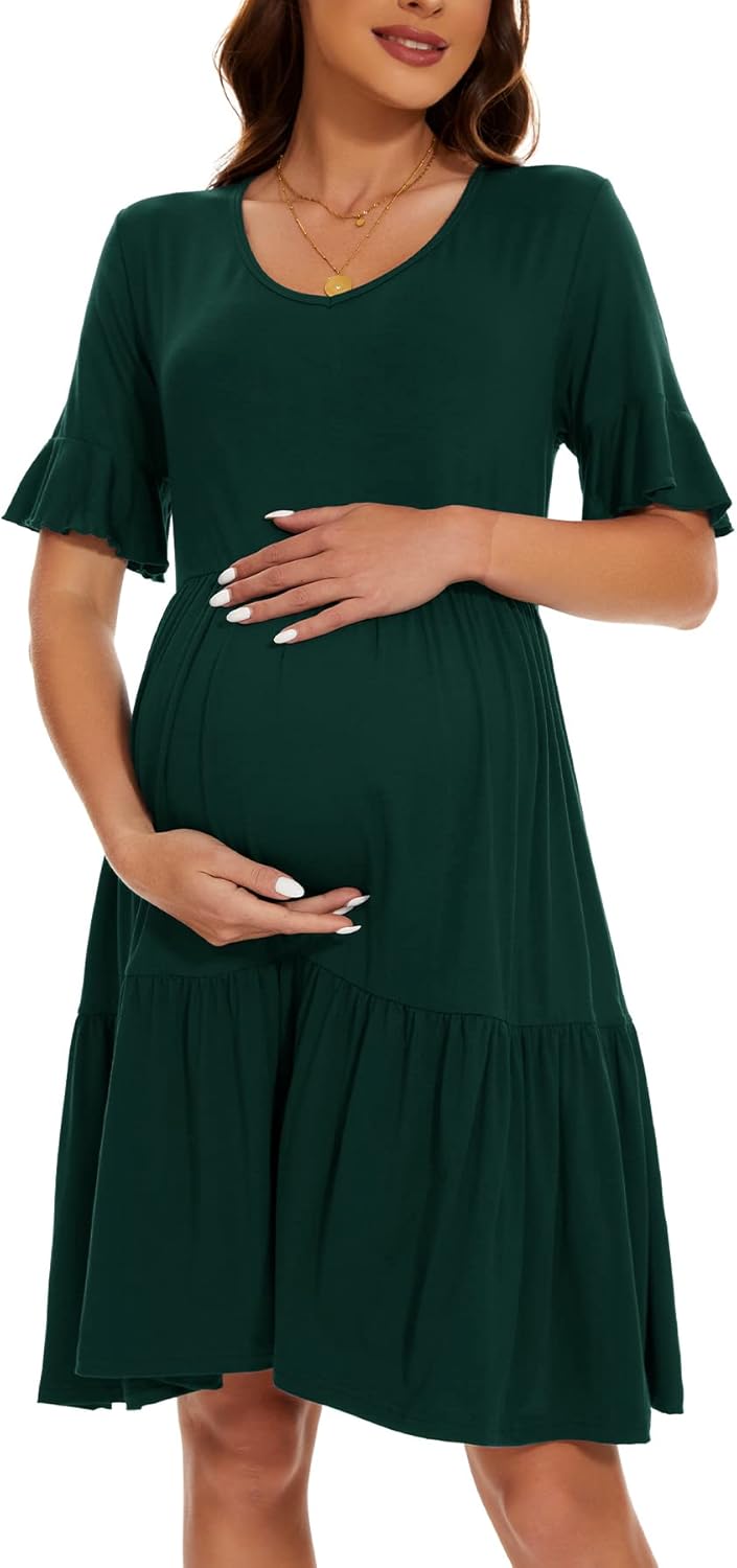 Smallshow Damen Umstandskleid Kurzarm Sommer Schwangerschafts Umstandsmode Kleid L Dunkel Grünen, L