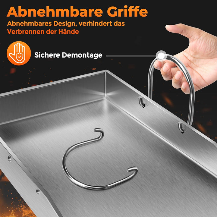 Grillplatte Plancha, 4 mm starker Edelstahlgrill für Gas- und Holzkohlegrills 40 x 30 x 4 cm, mit ab