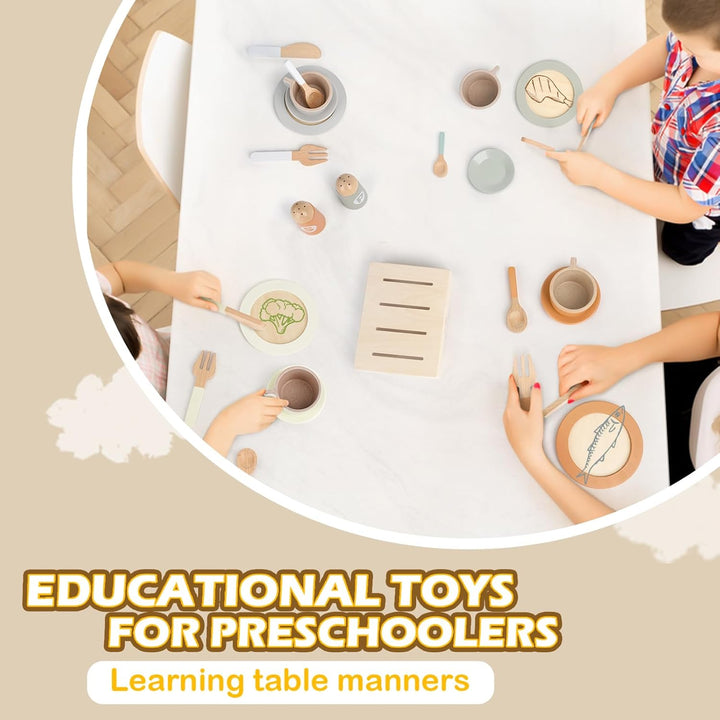 Dreamon Kinderküche Zubehör Teeservice Kinder Holz, 27 PCS Puppengeschirr Kinderküche Spielküche Zub