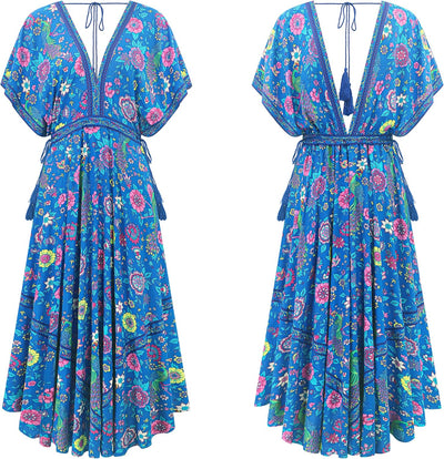 R.Vivimos Damen Sommer Boho Drucken Sexy Tiefem V-Ausschnitt Lang Kleid Rückenfrei Fledermaus Ärmel