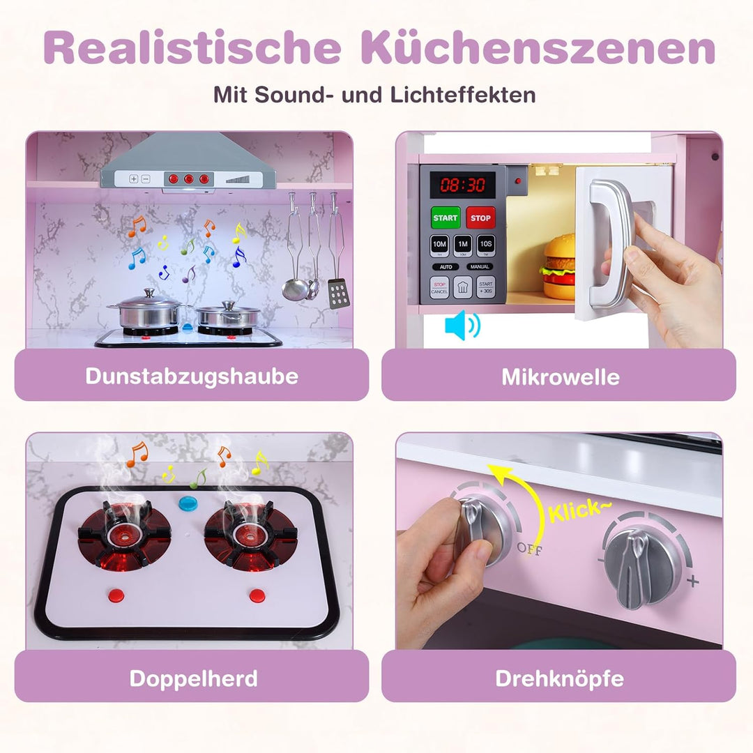 COSTWAY Kinderküche Holz, Spielküche Eck mit Licht und Sound, Holzküche mit Tafel & Spüle & Ofen, in