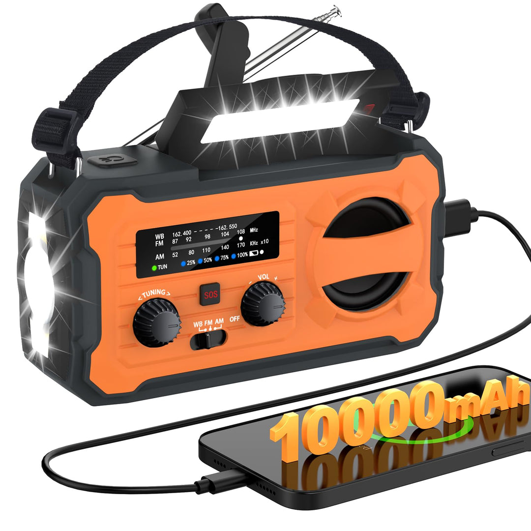 Kurbelradio, Tragbares Solarradio mit AM/FM, 10000mAh Powerbank, Notfallradio mit SOS-Alarm, LED-Tas