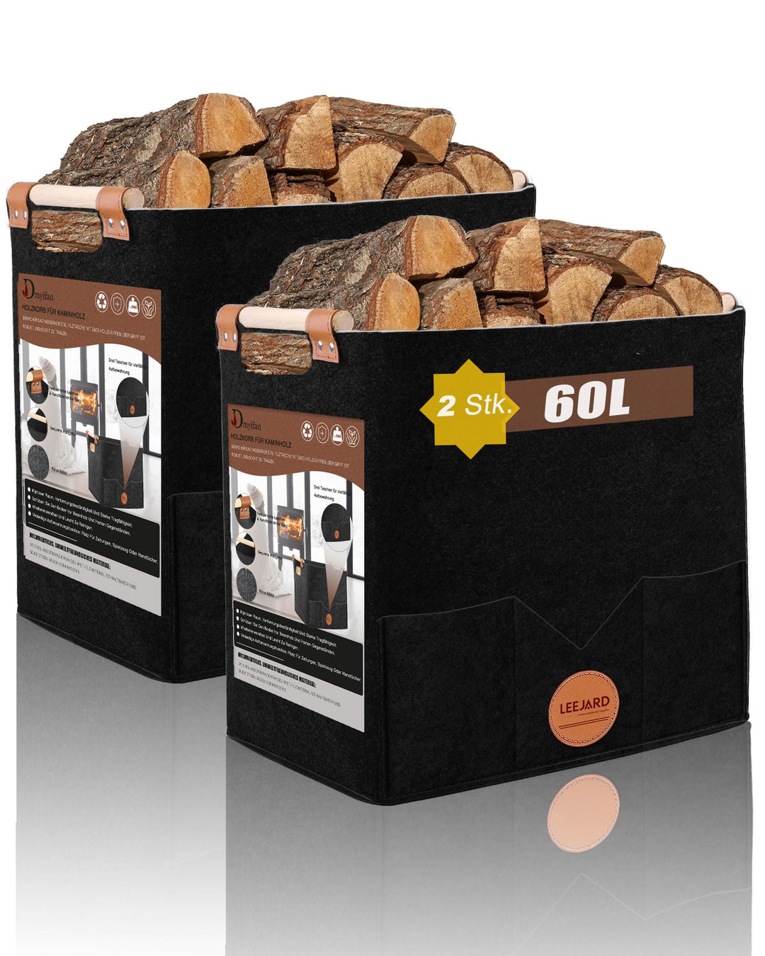 2 Holzkörbe für Kaminholz, grosser Holzkorb aus Filz, auch als Aufbewahrungstasche oder Einkaufskorb