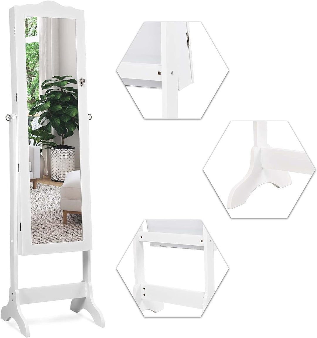 DREAMADE Schmuckschrank mit 14 LED Leuchten, abschliessbares Schmuckregal mit Ganzkörperspiegel, fre