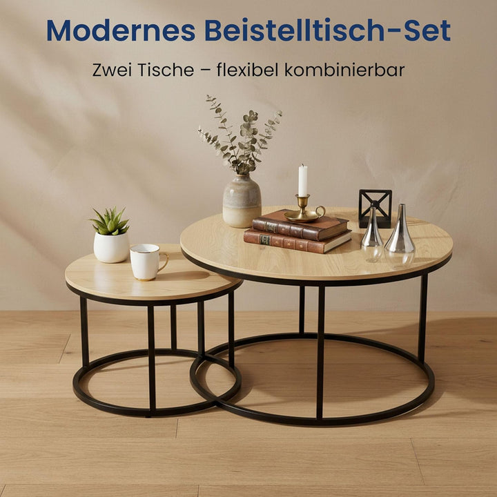 Home Collective Couchtisch 2er Set rund aus Holz, Wohnzimmertisch Modern, Beistelltisch Set 2 in 1 m