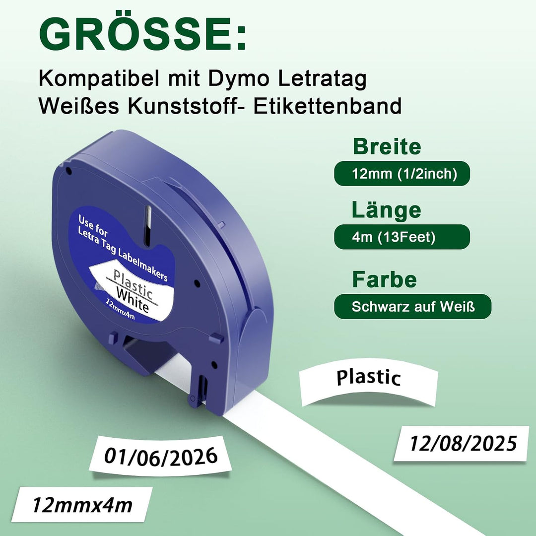 Kompatibel mit Dymo Letratag Etikettenband 12 mm x 4m, Kompatibel mit Dymo Etikettenband White Kunst