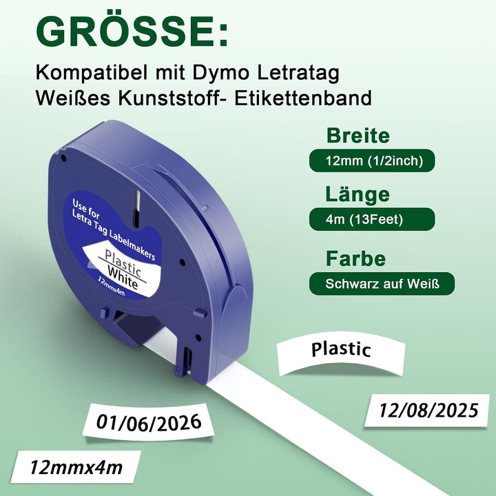 Kompatibel mit Dymo Letratag Etikettenband 12 mm x 4m, Kompatibel mit Dymo Etikettenband White Kunst