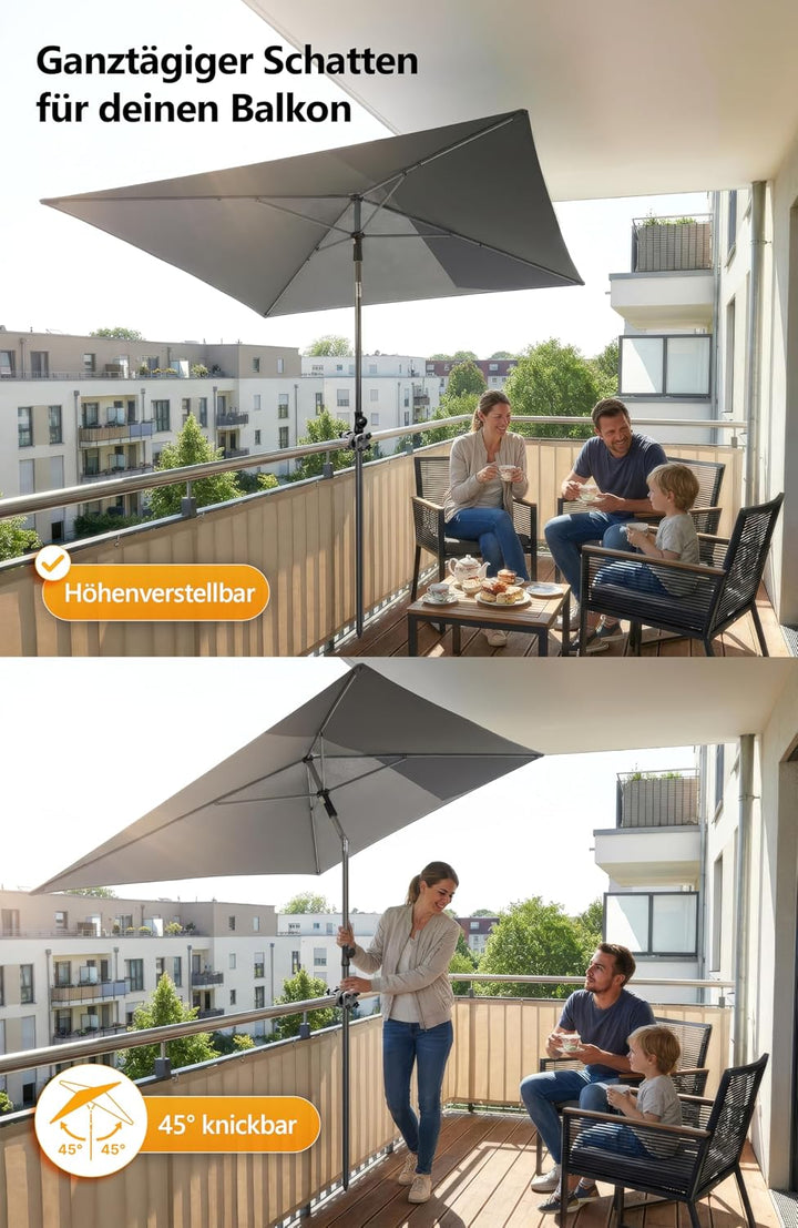 4smile Sonnenschirm Balkon im Set – Sonnenschirm rechteckig 210×140 cm, UV 50+ Sonnenschutz Balkon,