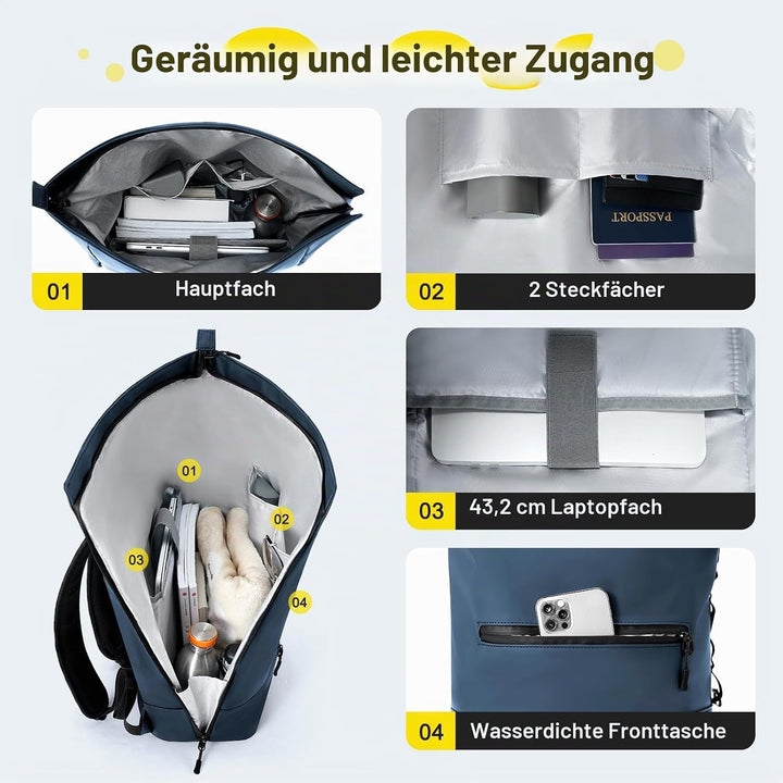 Rolltop Rucksack Herren Damen Wasserdicht Grosse Laptop Rucksack Reiserucksack mit Multifunktionale