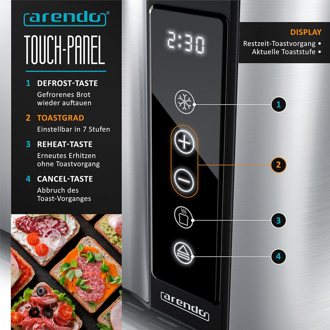 Arendo - Edelstahl Toaster Langschlitz 4 Scheiben - Touchscreen – Doppelwandgehäuse – 1500 W – Integ