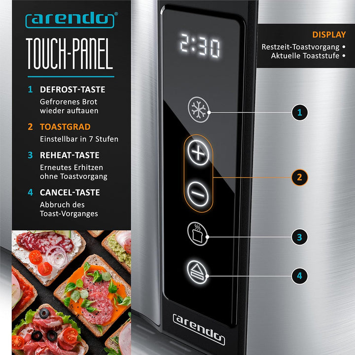 Arendo - Edelstahl Toaster Langschlitz 4 Scheiben - Touchscreen – Doppelwandgehäuse – 1500 W – Integ
