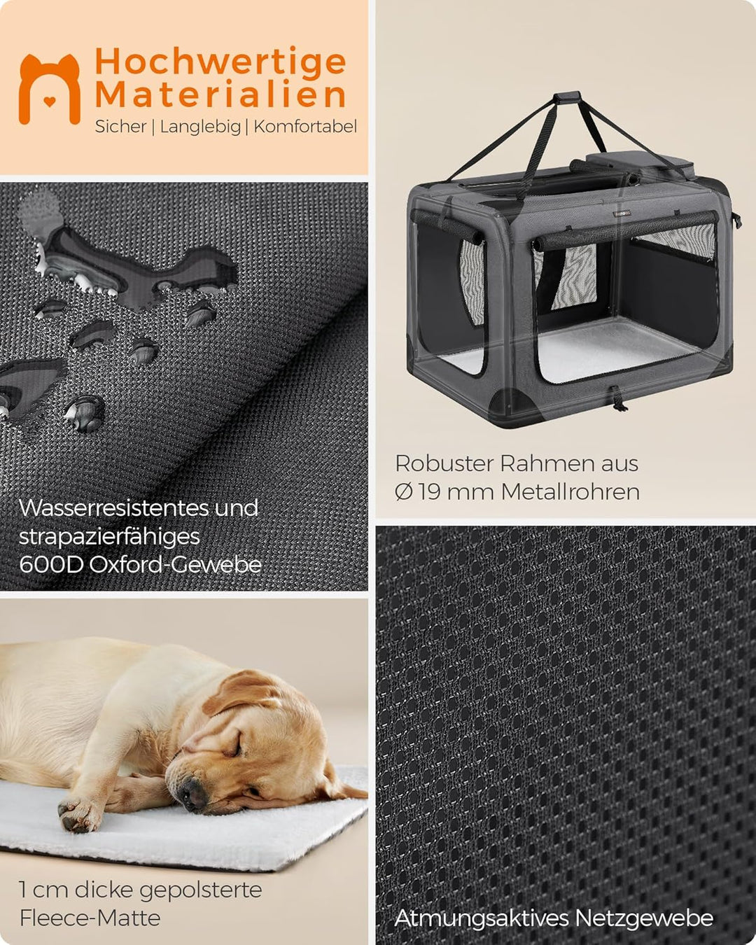 Feandrea Hundebox faltbar, Transportbox Hund, XXXL, Hundetasche, Oxford-Gewebe, Netzstoff, atmungsak