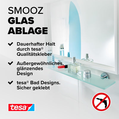 tesa SMOOZ Glasablage aus satiniertem Glas, verchromte Halterung - Badablage zur Wandbefestigung ohn