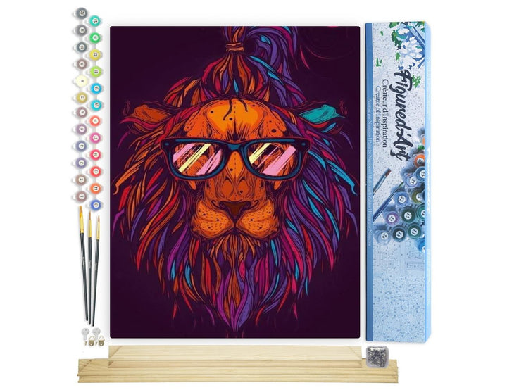 Figured'Art Malen Nach Zahlen Erwachsene Mit Rahmen Löwe mit Brillen - Paint by Numbers Basteln DIY