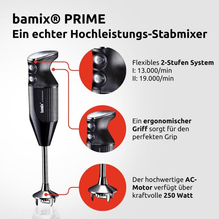 bamix Stabmixer Set M250 PRIME inkl. Multifunktionsmesser, Quirl, Schlagscheibe aus Edelstahl, 250 W
