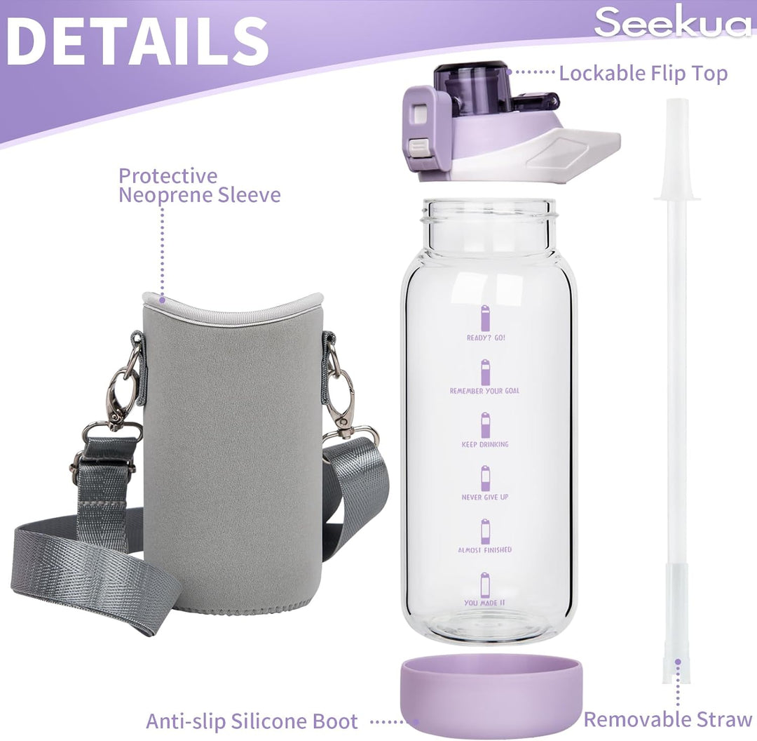 Seekua 0.6l Sport Trinkflasche Glas Flasche mit Strohhalm & Zeitmarkierung für Kinder, Schule 600ml