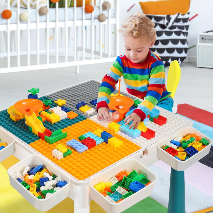 Kindertisch mit 2 stühlen mit Stauraum & 251 Bausteinen,Kinder Tisch Stuhl Set, 4-in-1 Multifunktion