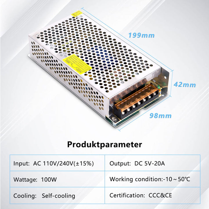 ANGEEK 5V 20A 100W DC Schaltnetzteil AC 110V/220V auf DC-5V Netzteil, Transformator mit konstanter S