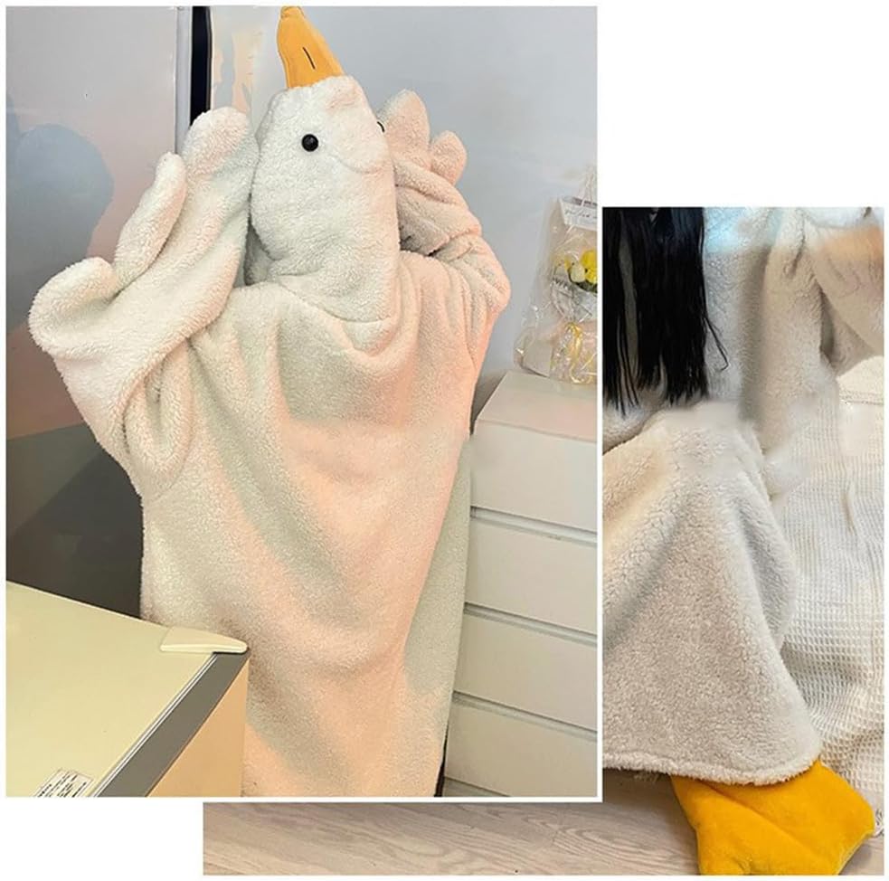 Grosse weisse Gans tragbare Decke – witziger Kapuzeneinteiler für Paare, dickes Korallen-Fleece, rie