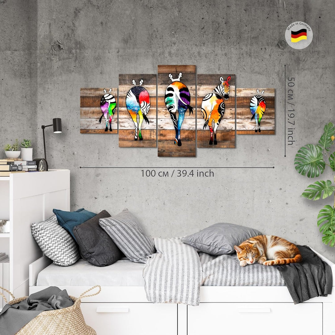 Runa Art Wandbilder Zebra 5 Teilig Bild auf Vlies Leinwand Deko Loft Wohnzimmer Streetart Beige Brau